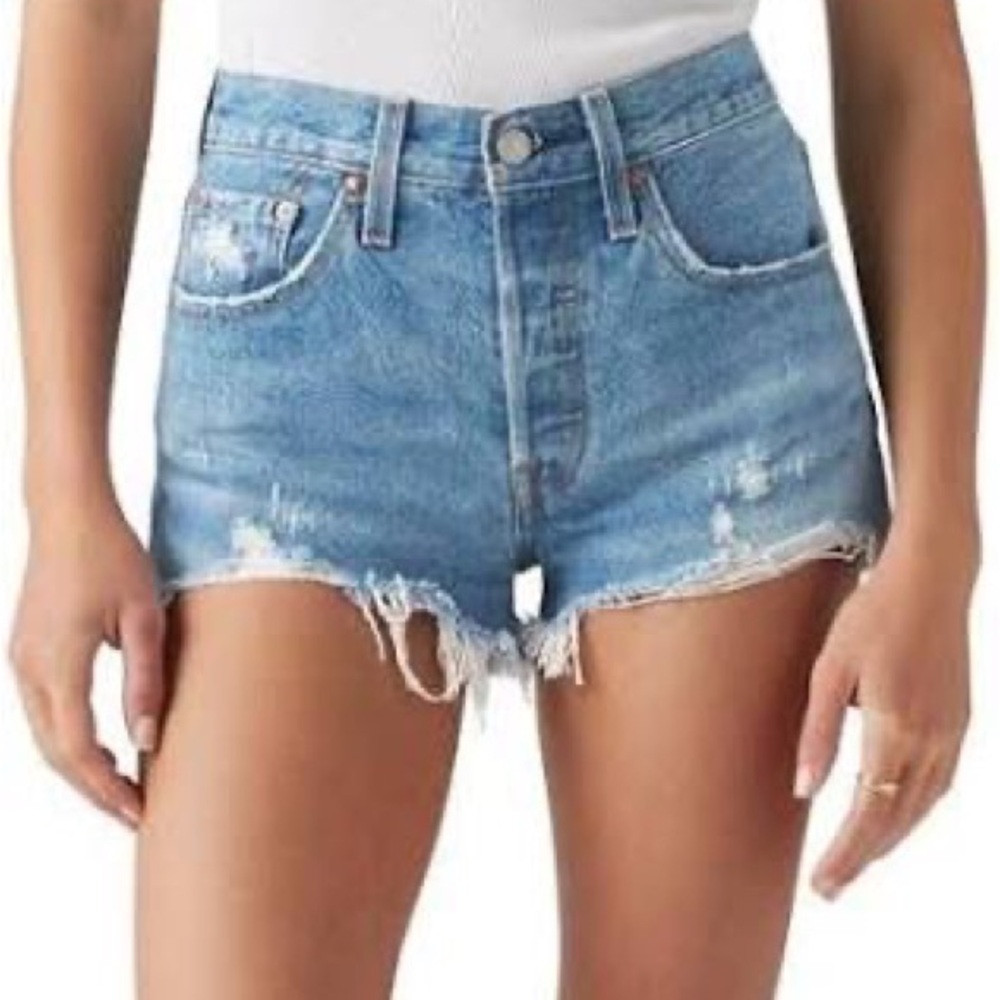 Levi's High-Rise Distressed Denim Shorts - Light Blue